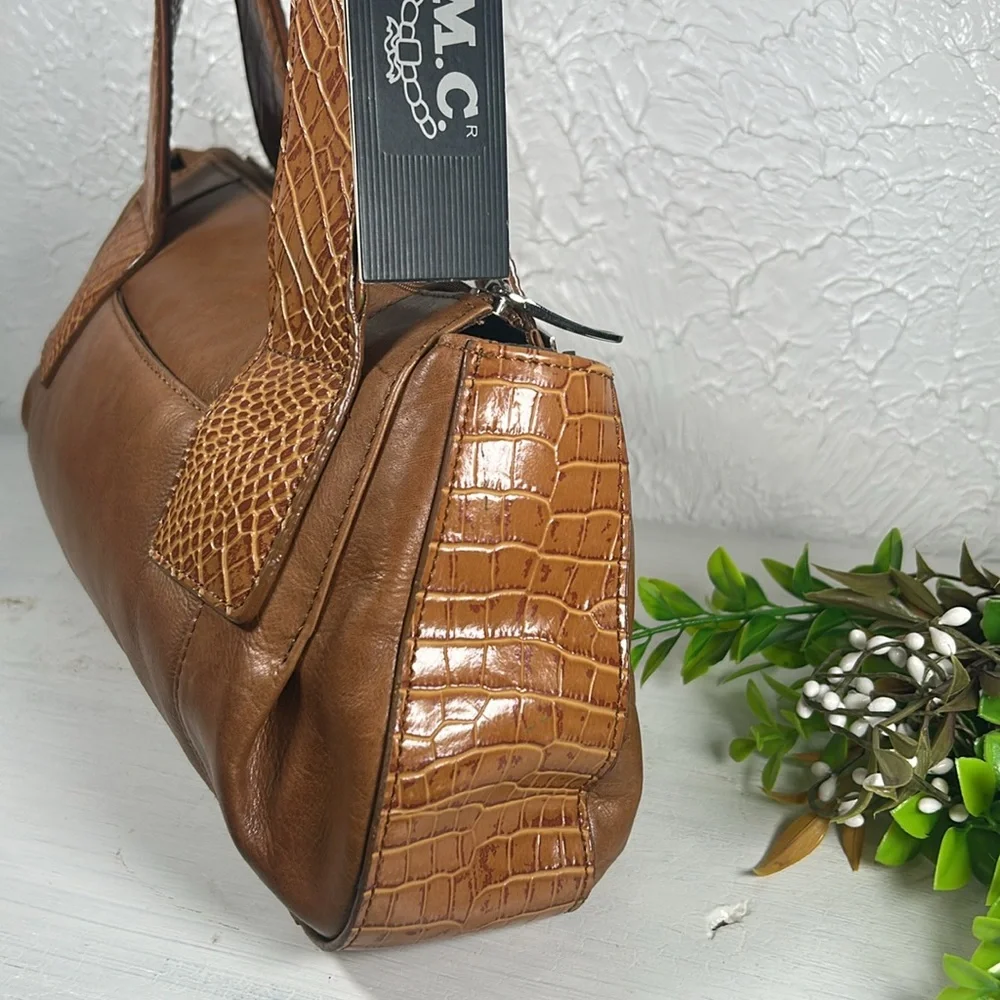 NWT M.C. Embossed Genuine Leather Shoulder Bag Camel Color - Picture 6 of 16